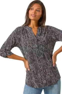 Tops>Roman Grey Textured Paisley Print Stretch Blouse