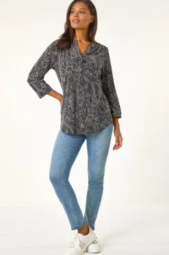 Tops>Roman Grey Textured Paisley Print Stretch Blouse