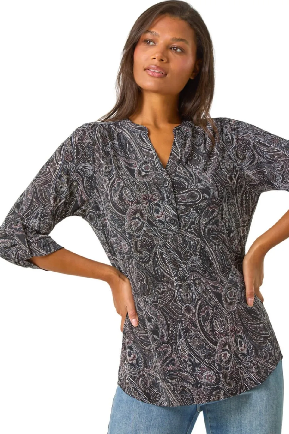 Tops>Roman Grey Textured Paisley Print Stretch Blouse