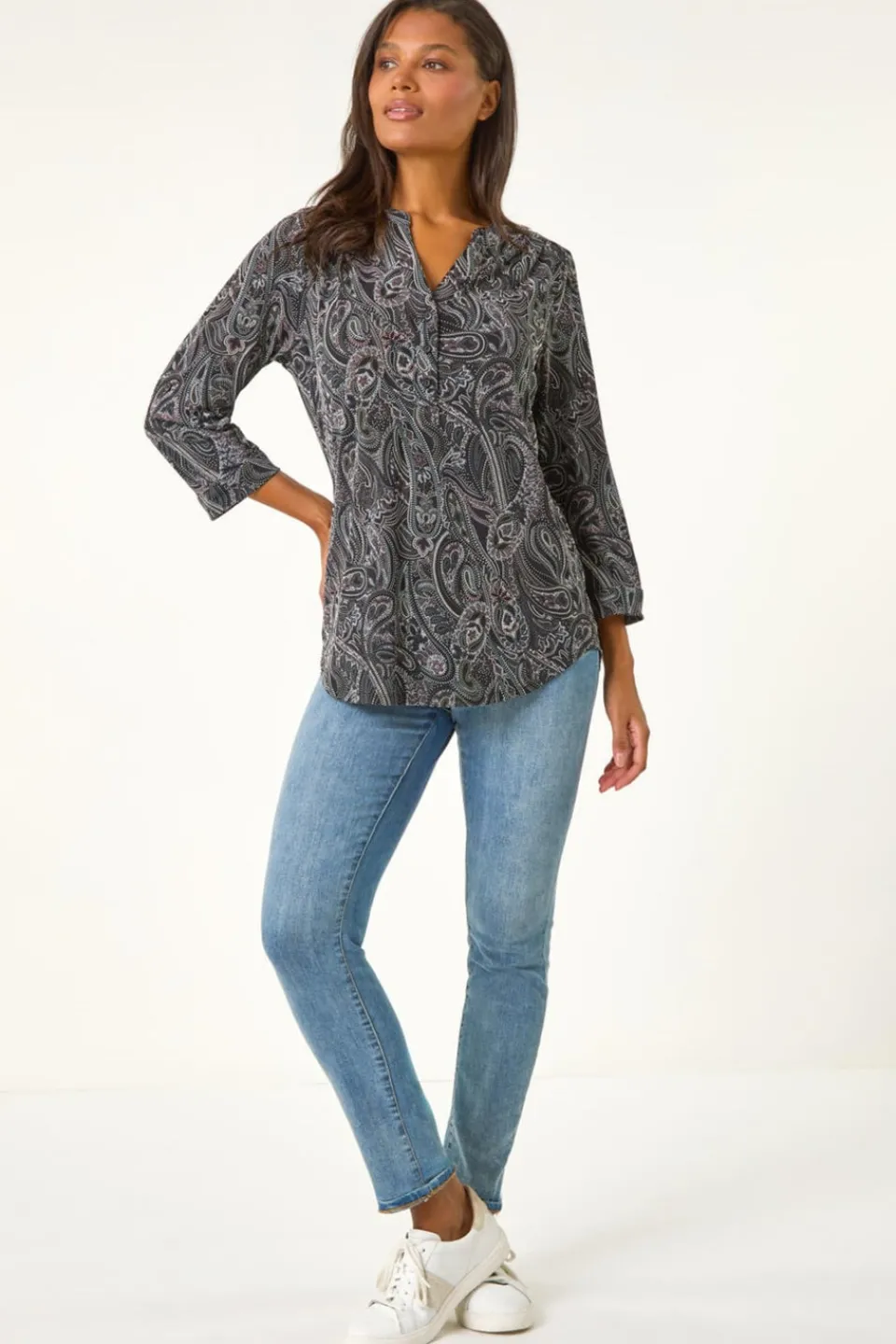 Tops>Roman Grey Textured Paisley Print Stretch Blouse