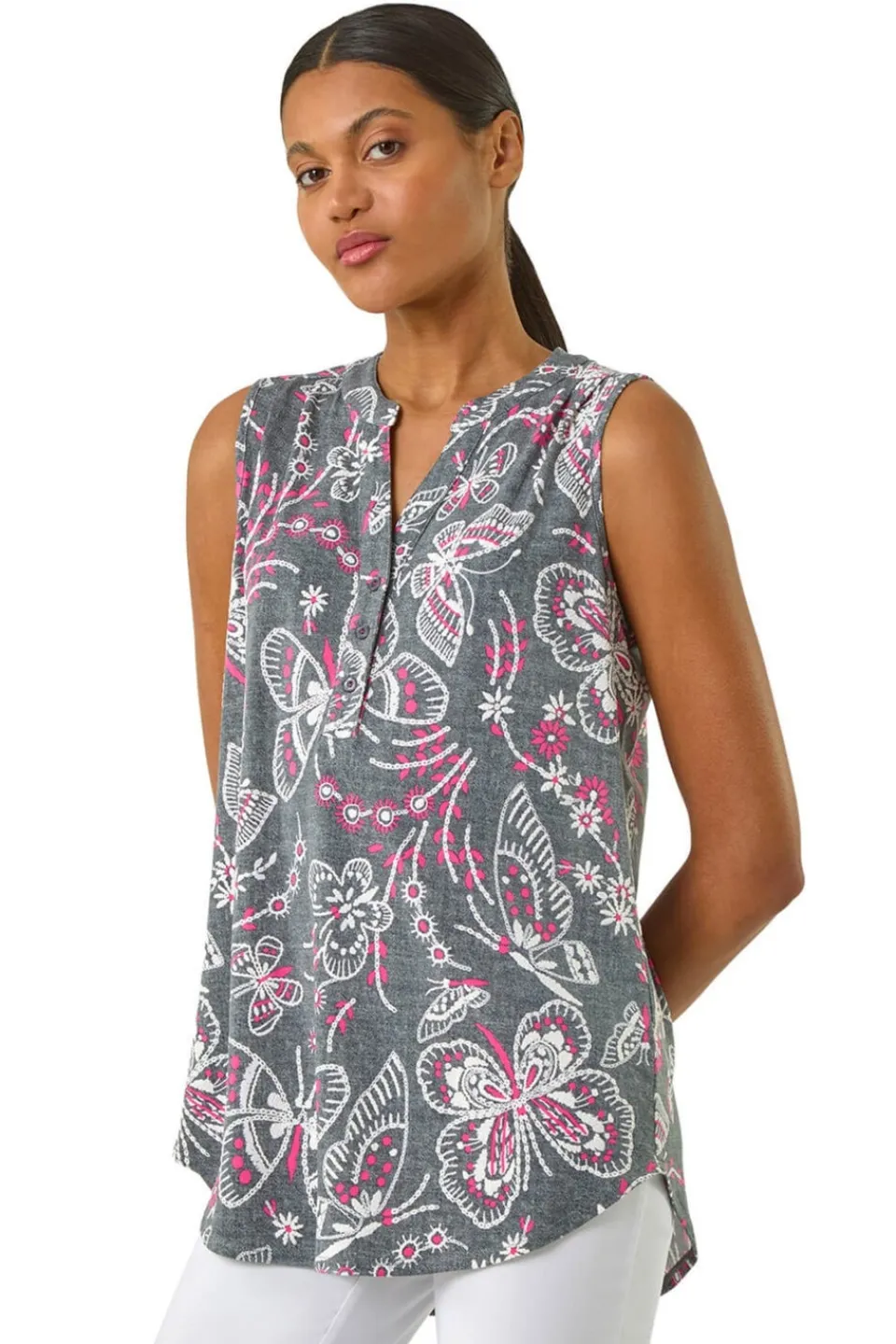 Tops>Roman Grey Textured Print Vest Top
