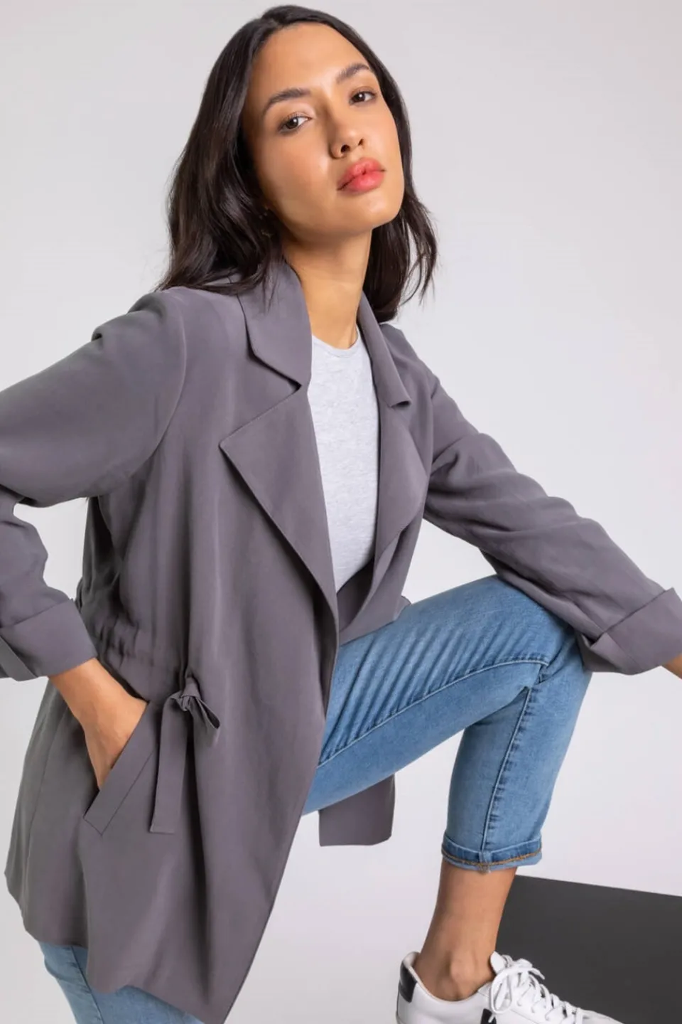 Coats & Jackets>Roman Tie Waist Longline Jacket Grey
