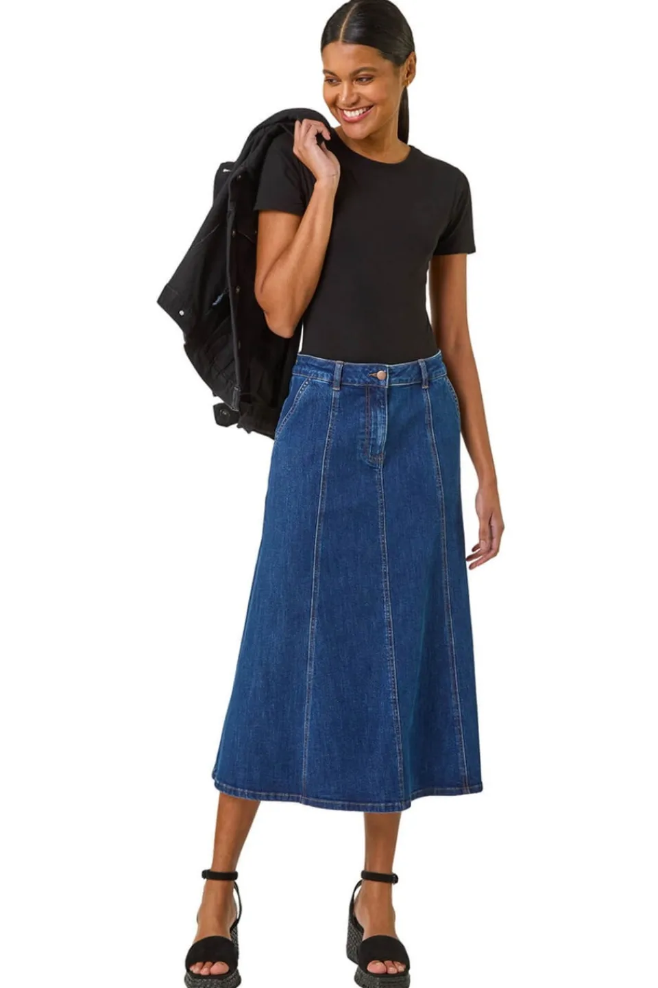 Skirts>Roman Indigo Cotton Denim Panelled Midi Skirt