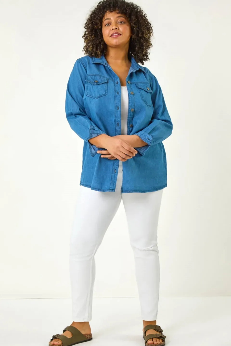 Tops>Roman Indigo Curve Button Through Denim Shirt