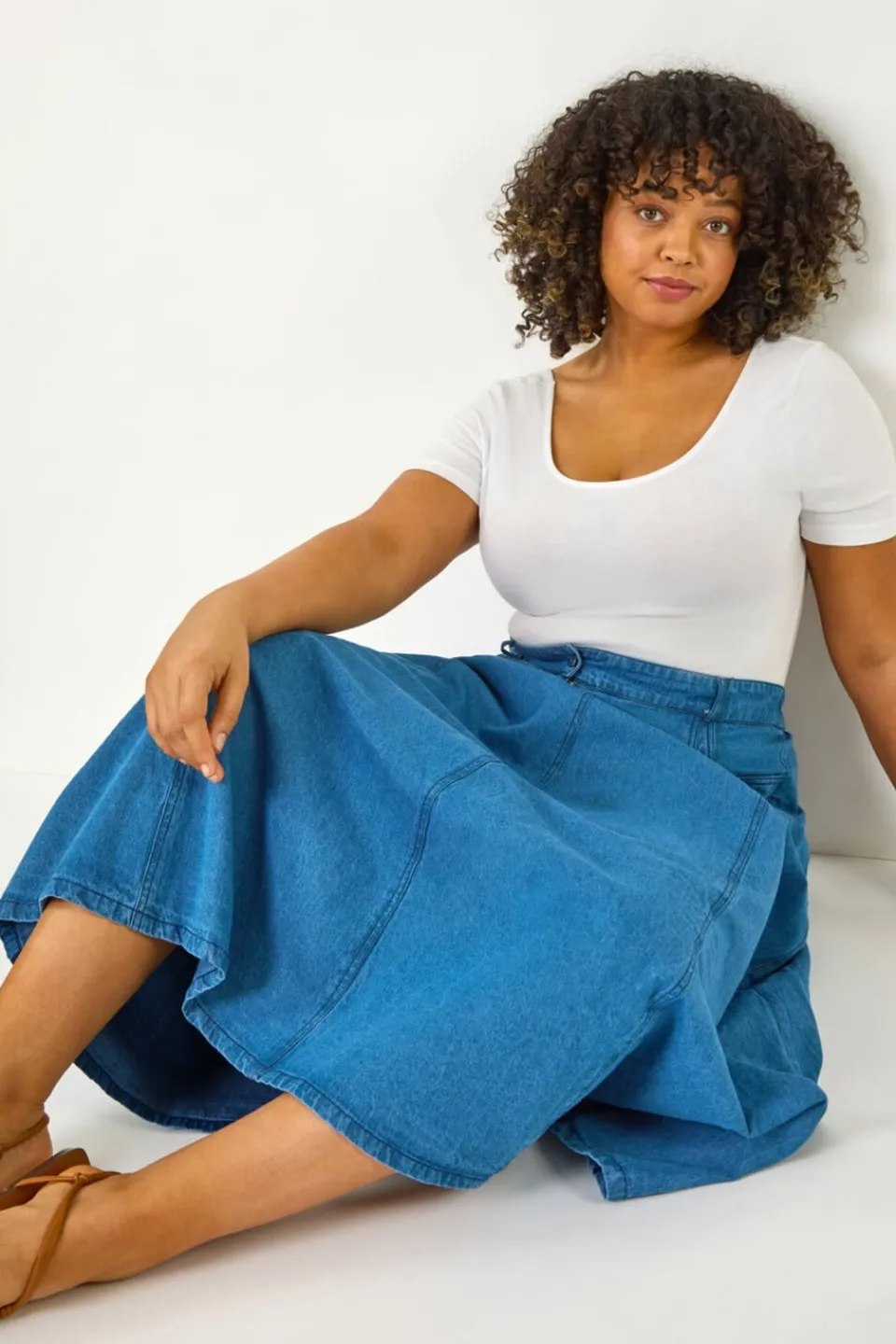 Skirts>Roman Indigo Curve Cotton Denim Swing Skirt