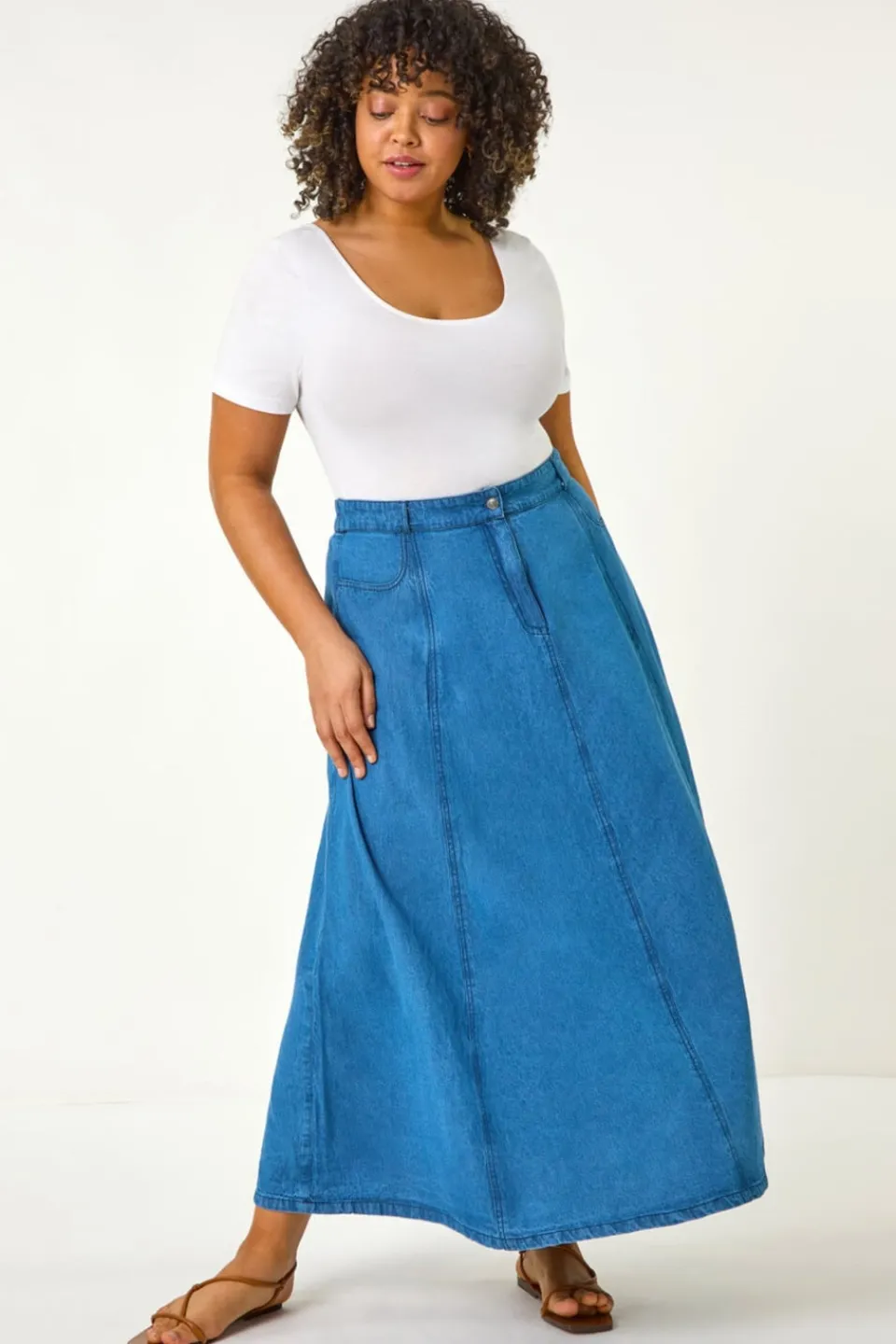 Skirts>Roman Indigo Curve Cotton Denim Swing Skirt
