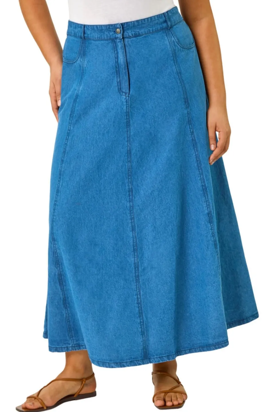 Skirts>Roman Indigo Curve Cotton Denim Swing Skirt