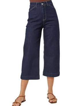 Trousers>Roman Wide Leg Stretch Cropped Denim Culottes Indigo