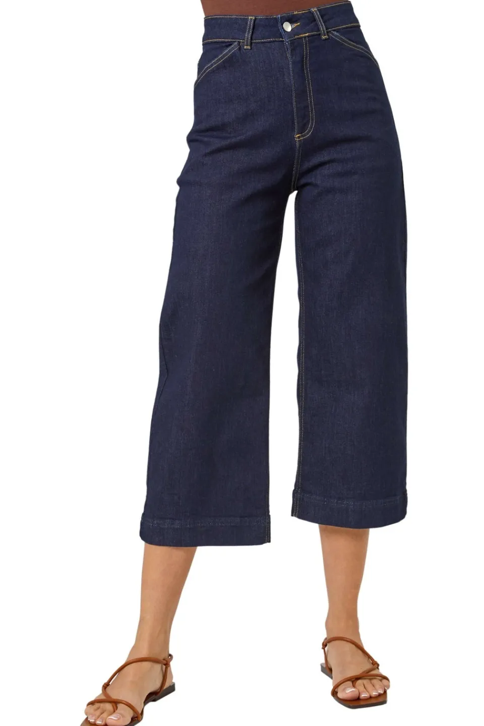 Trousers>Roman Wide Leg Stretch Cropped Denim Culottes Indigo