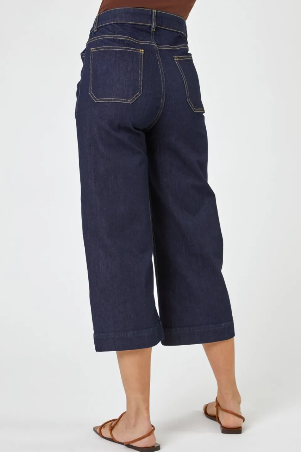 Trousers>Roman Wide Leg Stretch Cropped Denim Culottes Indigo