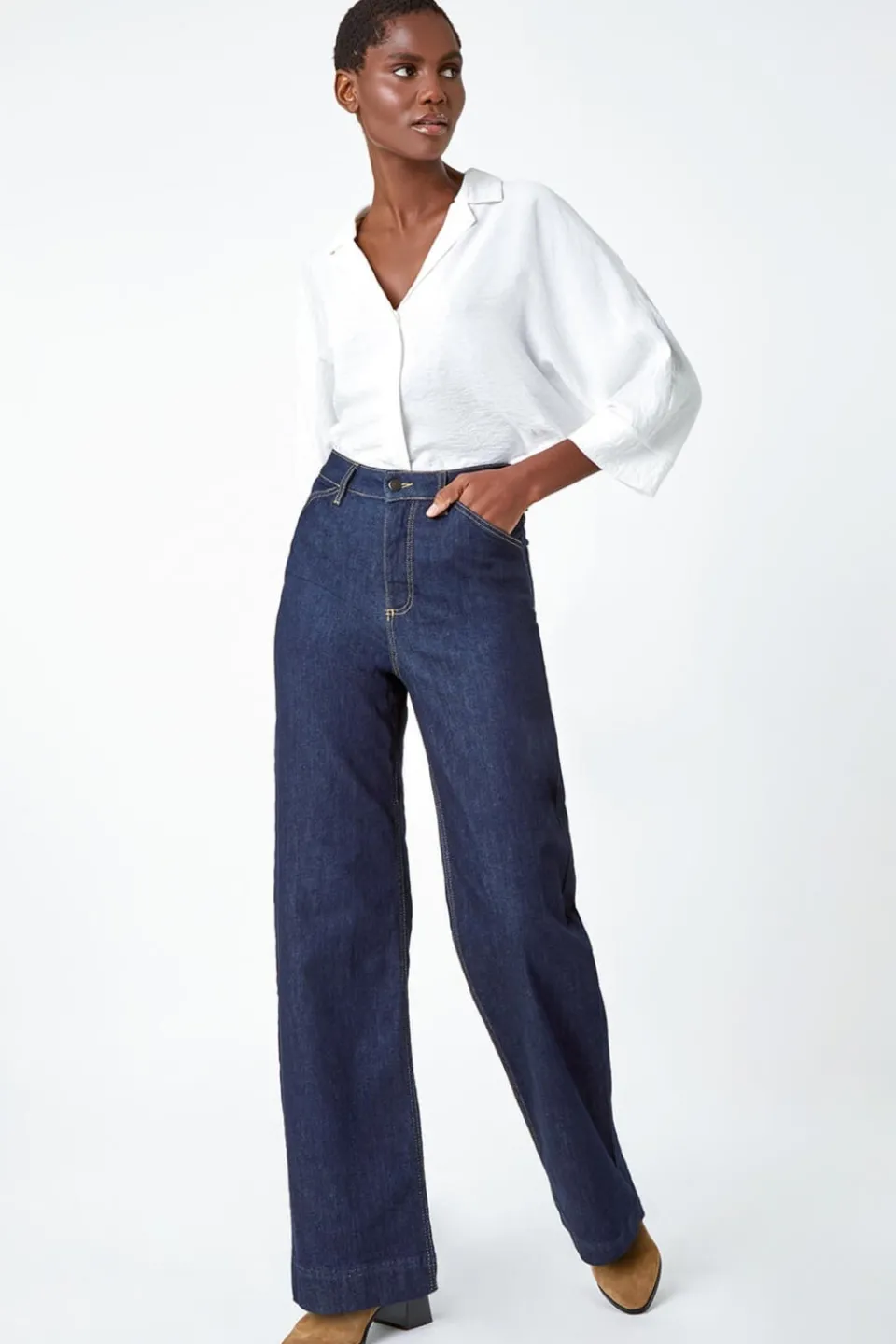 Jeans & Jeggings>Roman Wide Leg Stretch Denim Jeans Indigo