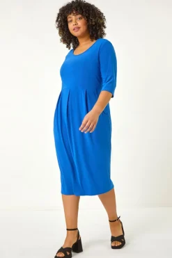 Dresses>Roman Ink Blue Curve Pocket Shift Midi Dress