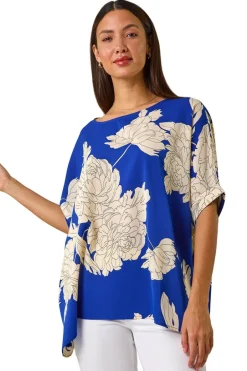 Tops>Roman Ink Blue Floral Button Detail Top