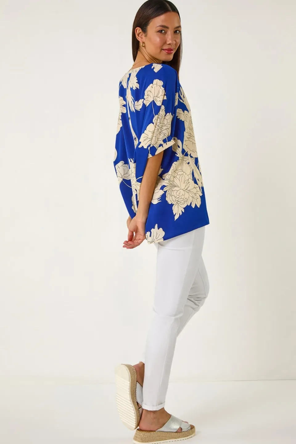 Tops>Roman Ink Blue Floral Button Detail Top