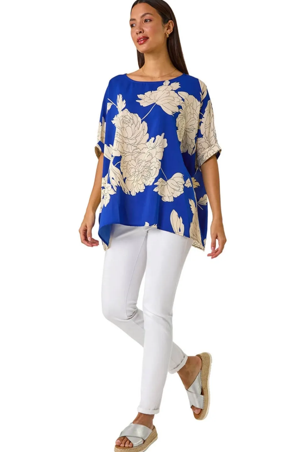 Tops>Roman Ink Blue Floral Button Detail Top