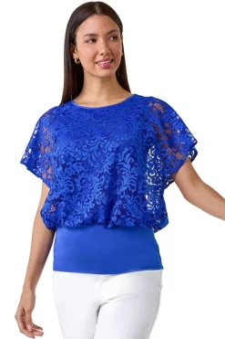 Tops>Roman Ink Blue Lace Stretch Bubble Hem Top