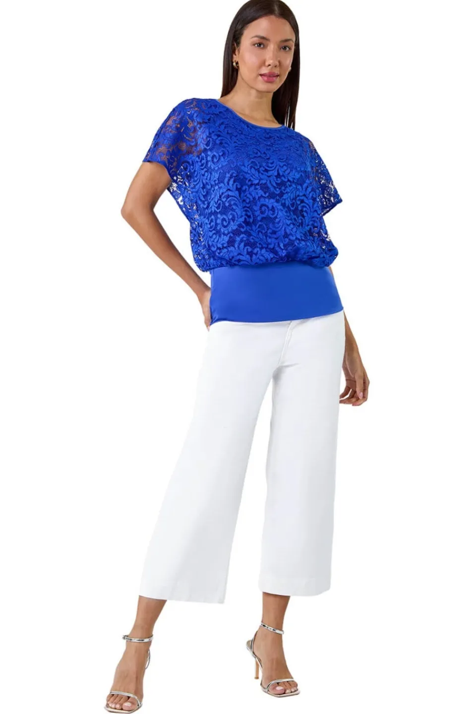 Tops>Roman Ink Blue Lace Stretch Bubble Hem Top