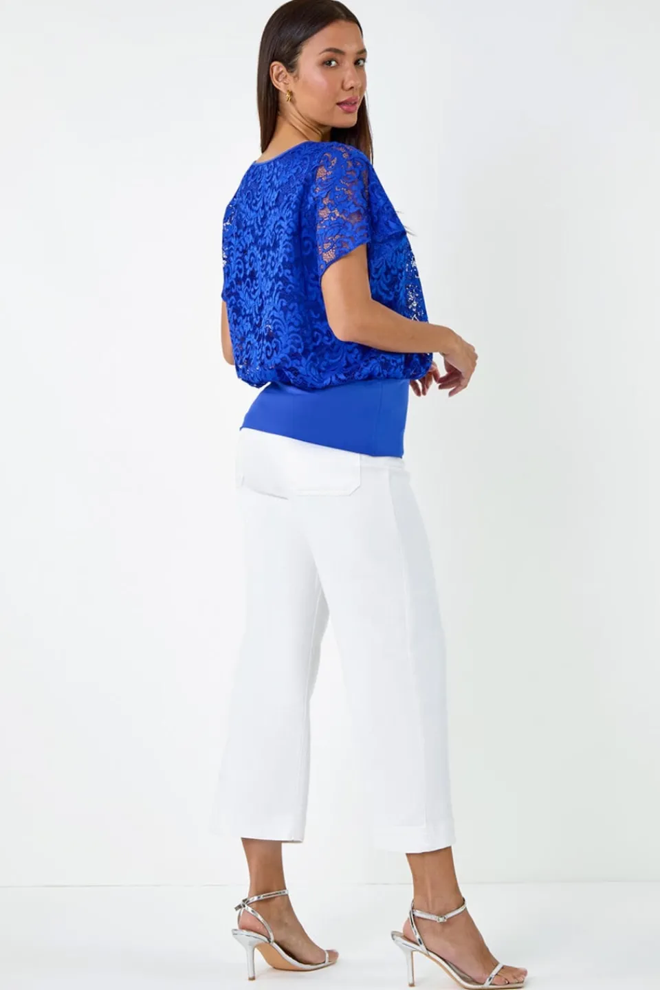Tops>Roman Ink Blue Lace Stretch Bubble Hem Top
