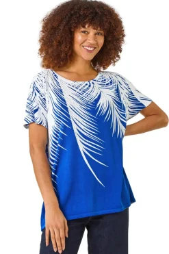 T-Shirts>Roman Ink Blue Palm Leaf Print Crew Neck Tee