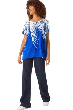 T-Shirts>Roman Ink Blue Palm Leaf Print Crew Neck Tee