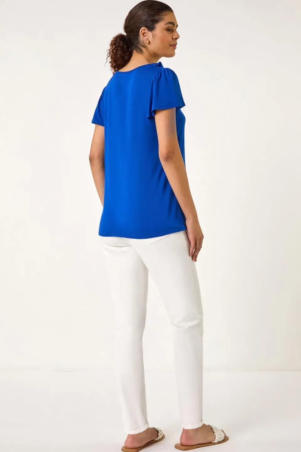T-Shirts>Roman Ink Blue Ruffle Front Stretch Top