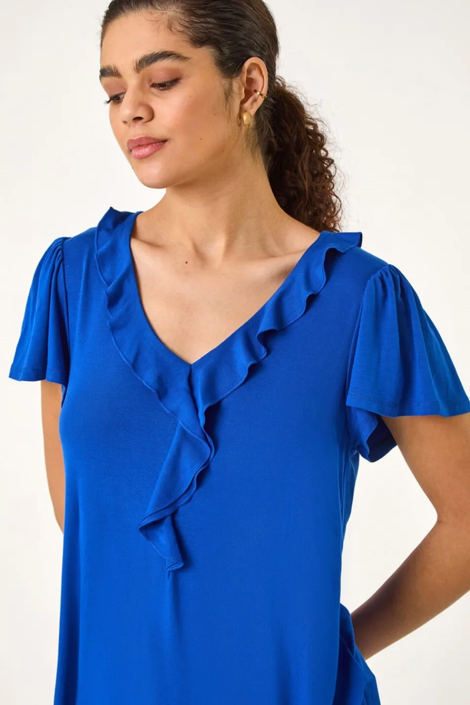 T-Shirts>Roman Ink Blue Ruffle Front Stretch Top
