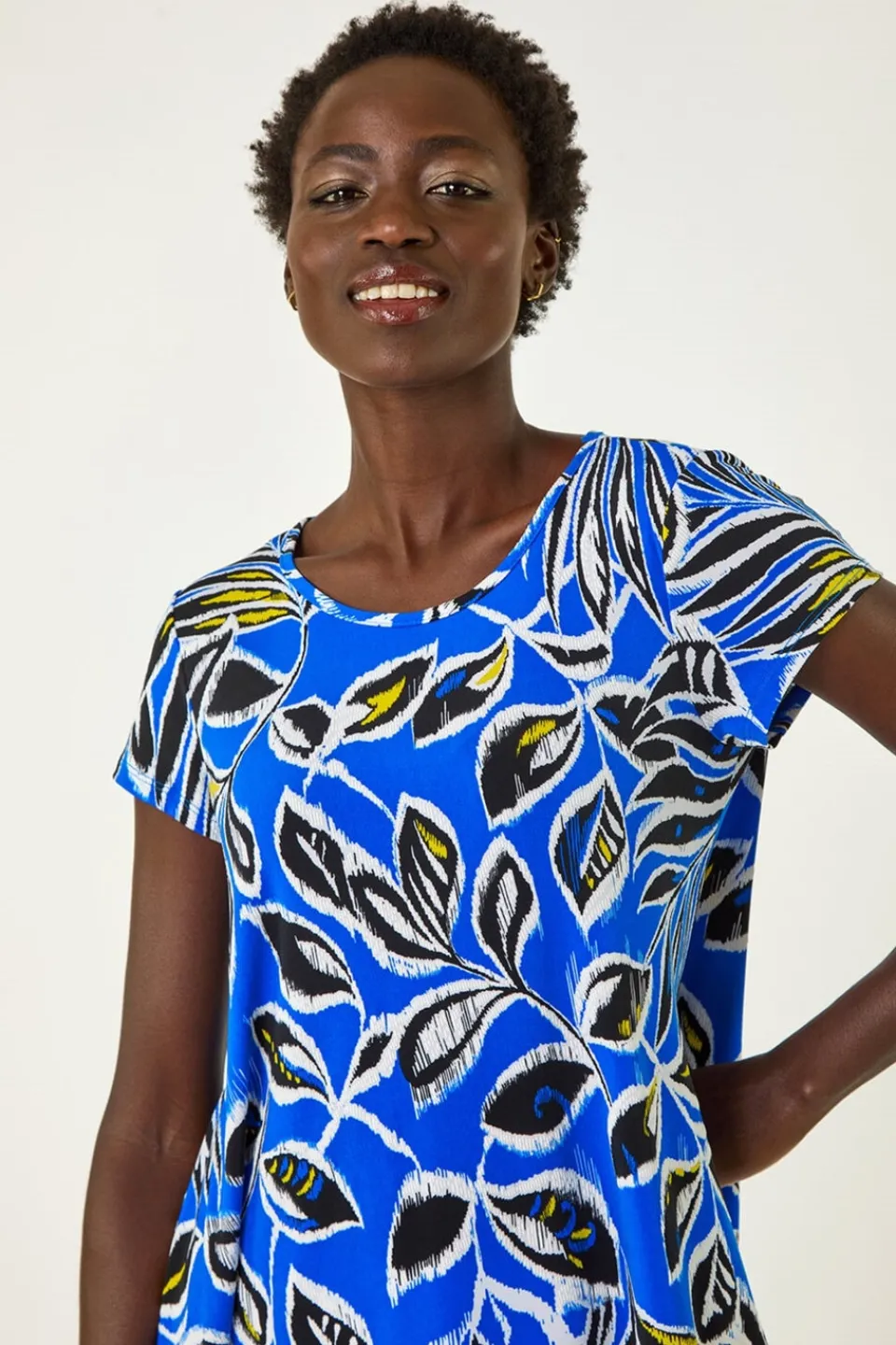 Tops>Roman Ink Blue Textured Leaf Print Stretch Tunic Top