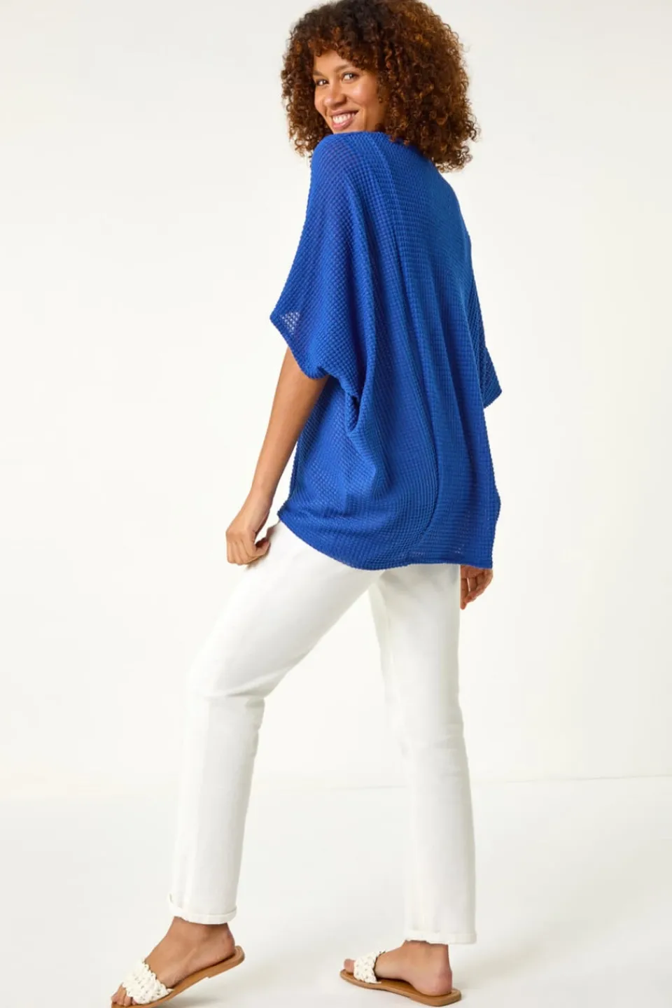 Tops>Roman Ink Blue Textured V-Neck Cocoon Stretch Top