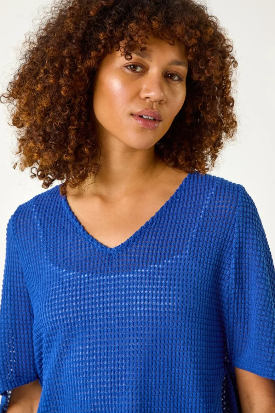 Tops>Roman Ink Blue Textured V-Neck Cocoon Stretch Top