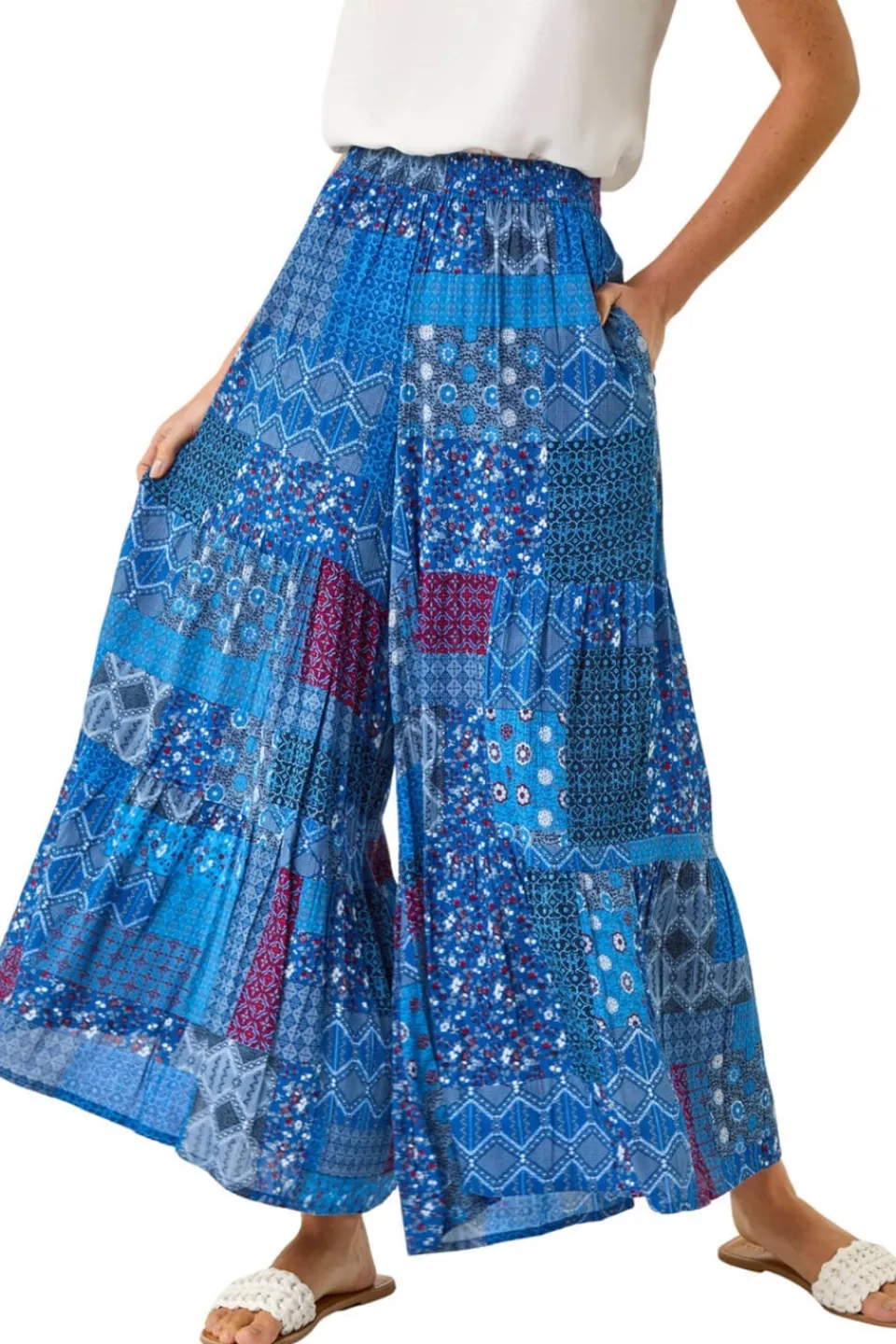 Trousers>Roman Ink Blue Tile Tiered Palazzo Trouser