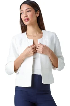 Coats & Jackets>Roman Ivory 3/4 Sleeve Pleated Textured Cropped Jacket