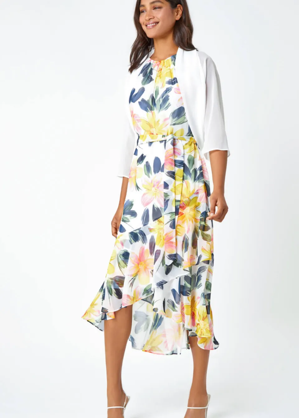 Tops>Roman 3/4 Sleeve Ruched Hem Chiffon Bolero Ivory