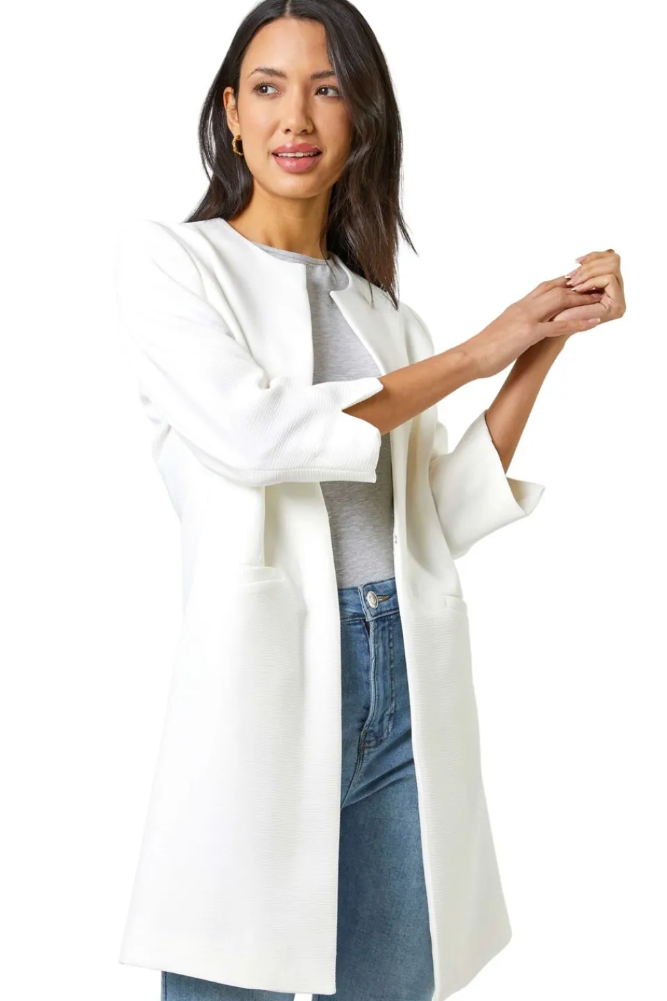 Coats & Jackets>Roman 3/4 Sleeve Textured Longline Jacket Ivory