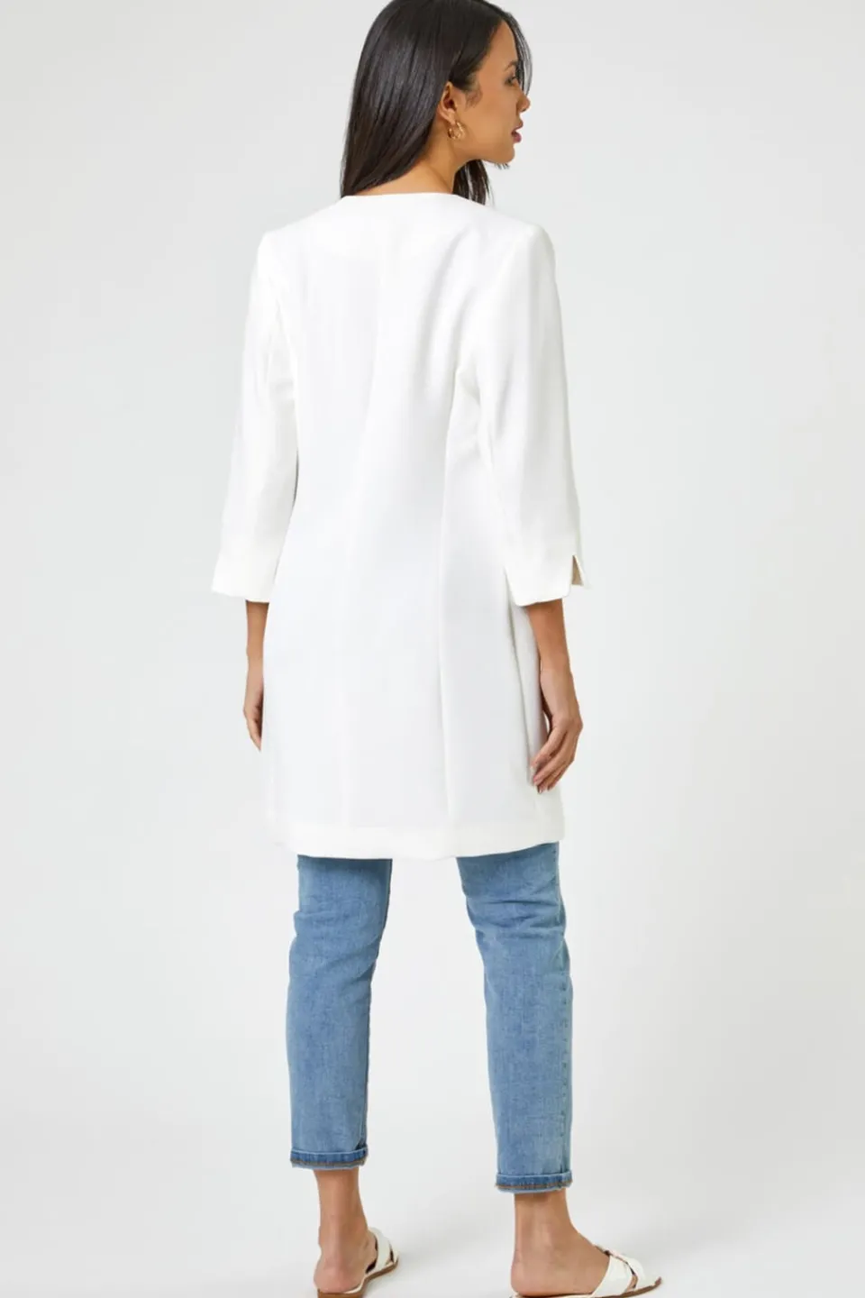 Coats & Jackets>Roman 3/4 Sleeve Textured Longline Jacket Ivory
