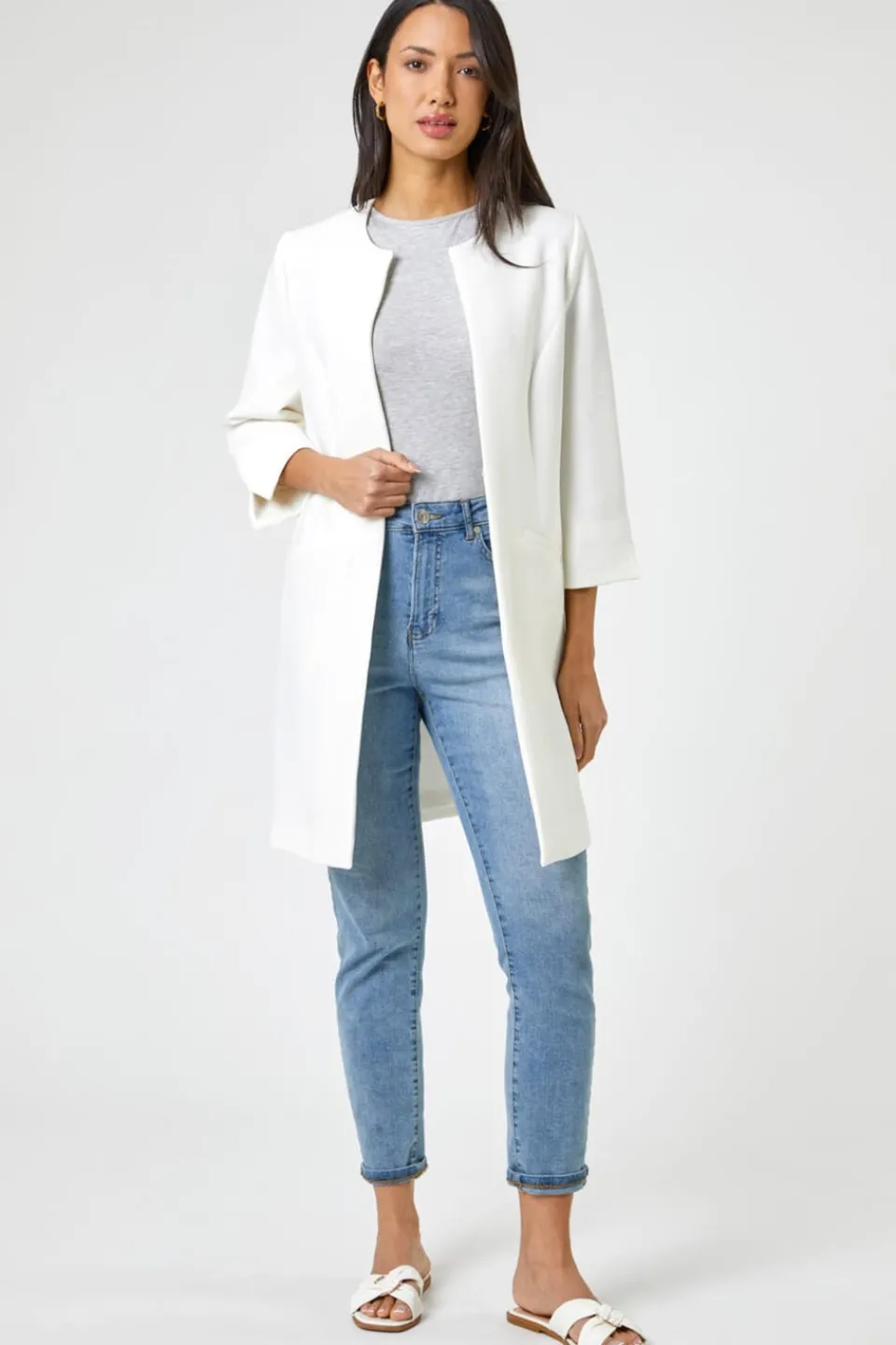 Coats & Jackets>Roman 3/4 Sleeve Textured Longline Jacket Ivory