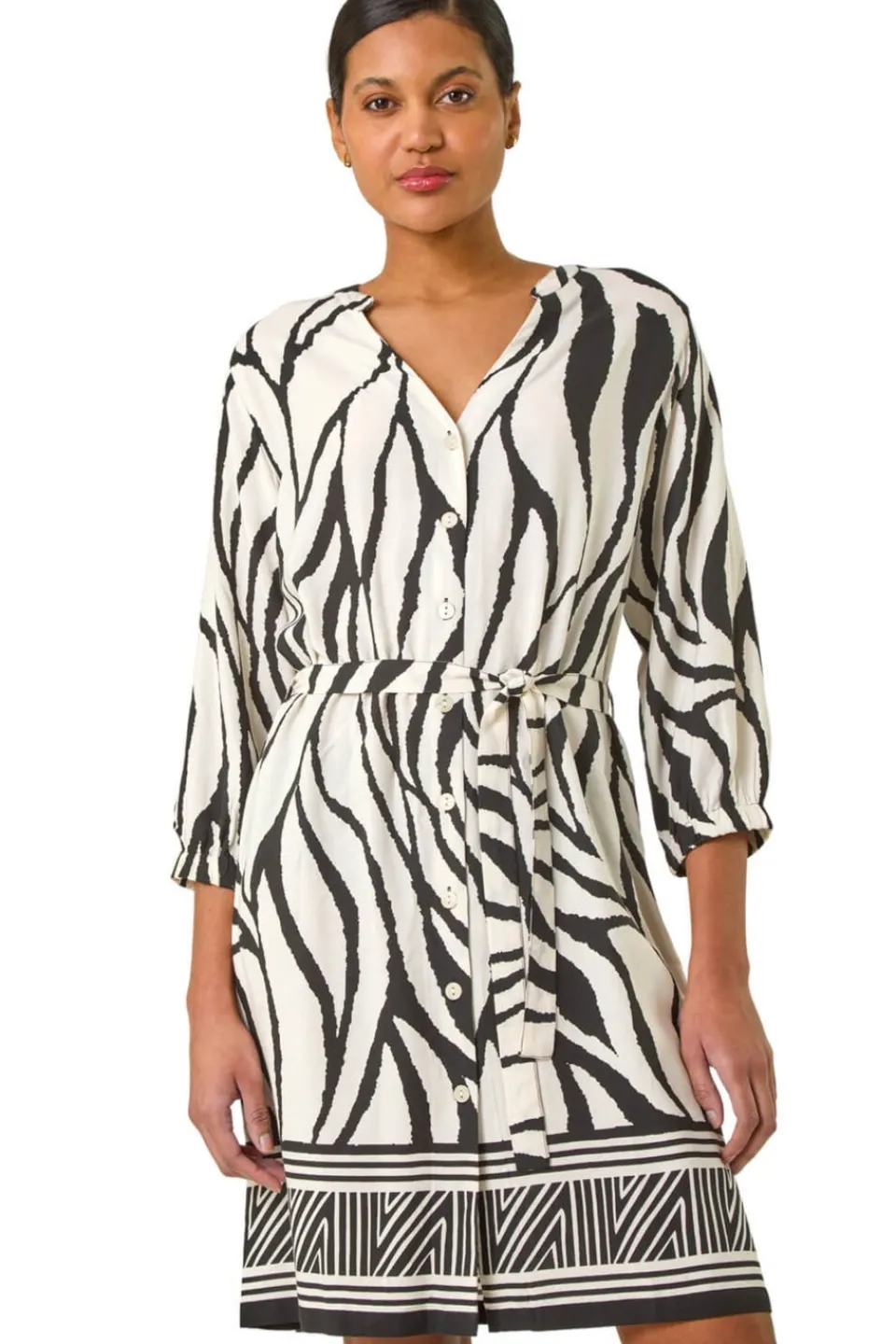 Dresses>Roman Ivory Abstract Border Tie Shirt Dress