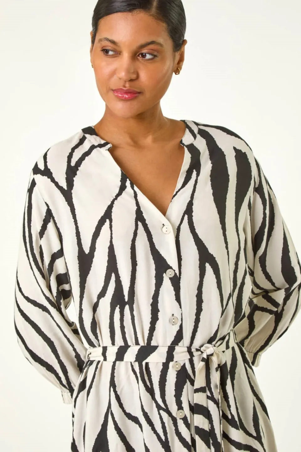 Dresses>Roman Ivory Abstract Border Tie Shirt Dress