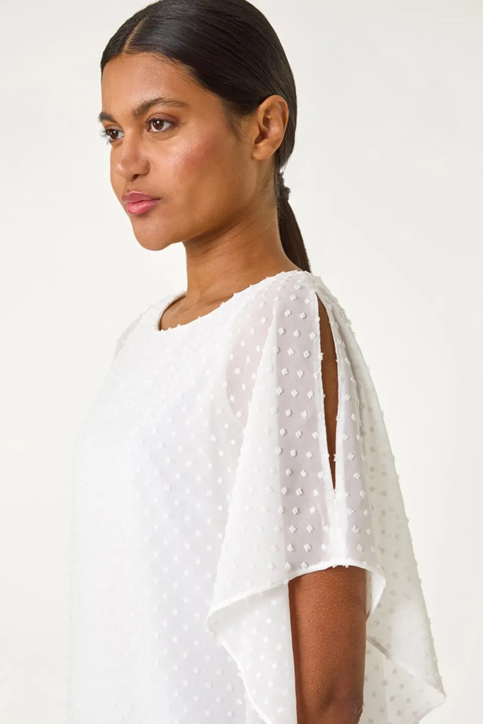 Tops>Roman Ivory Asymmetric Dobby Overlay Top
