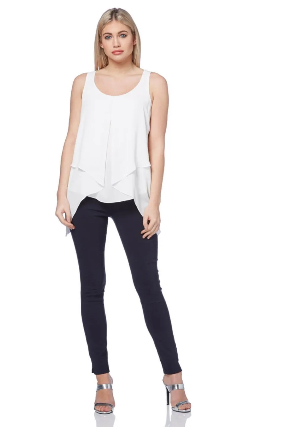 Tops>Roman Ivory Asymmetric Sleeveless Vest Top