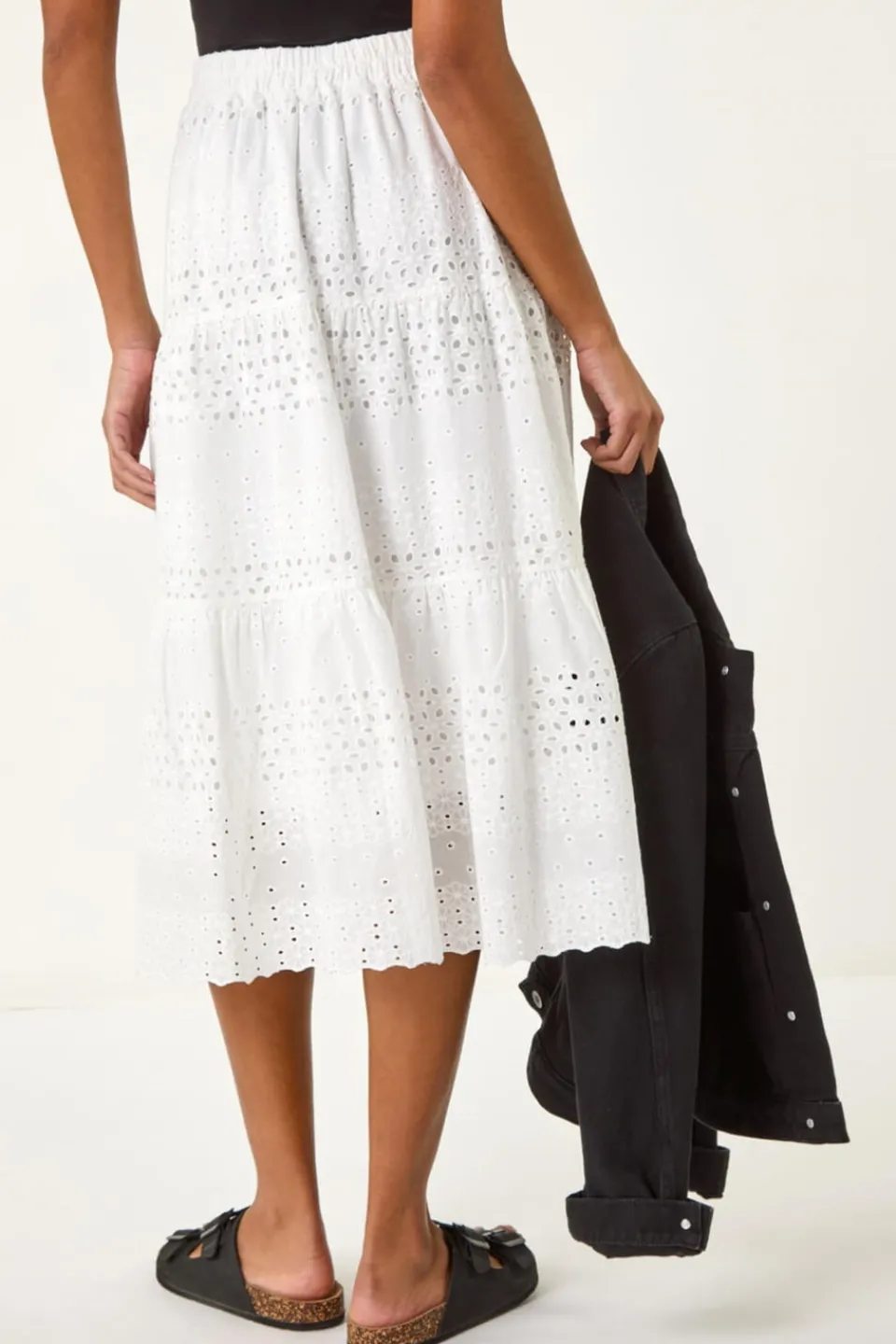 Skirts>Roman Ivory Broderie Cotton A Line Midi Skirt