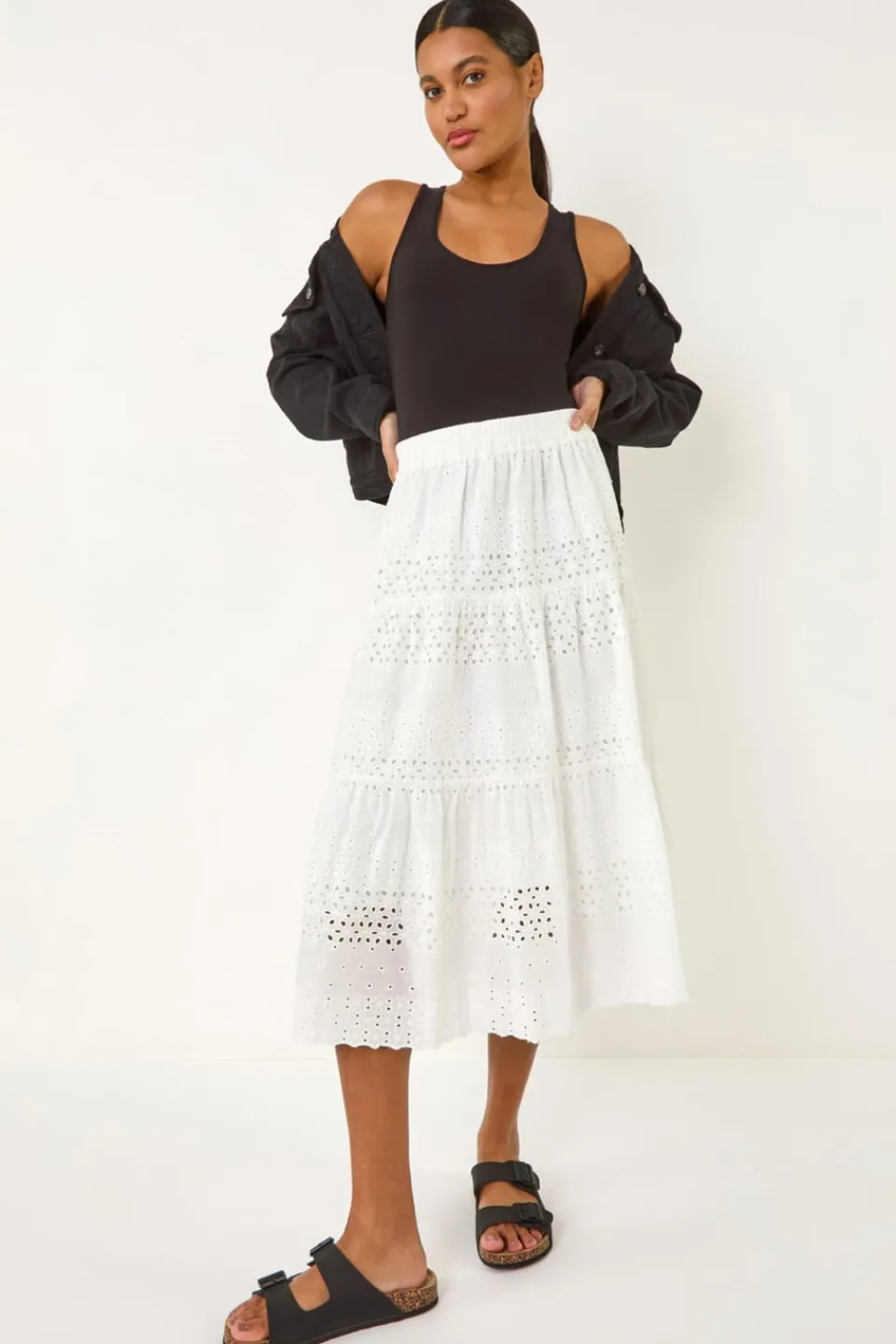 Skirts>Roman Ivory Broderie Cotton A Line Midi Skirt