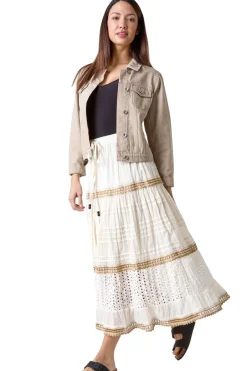 Skirts>Roman Ivory Broderie Cotton Tiered Maxi Skirt