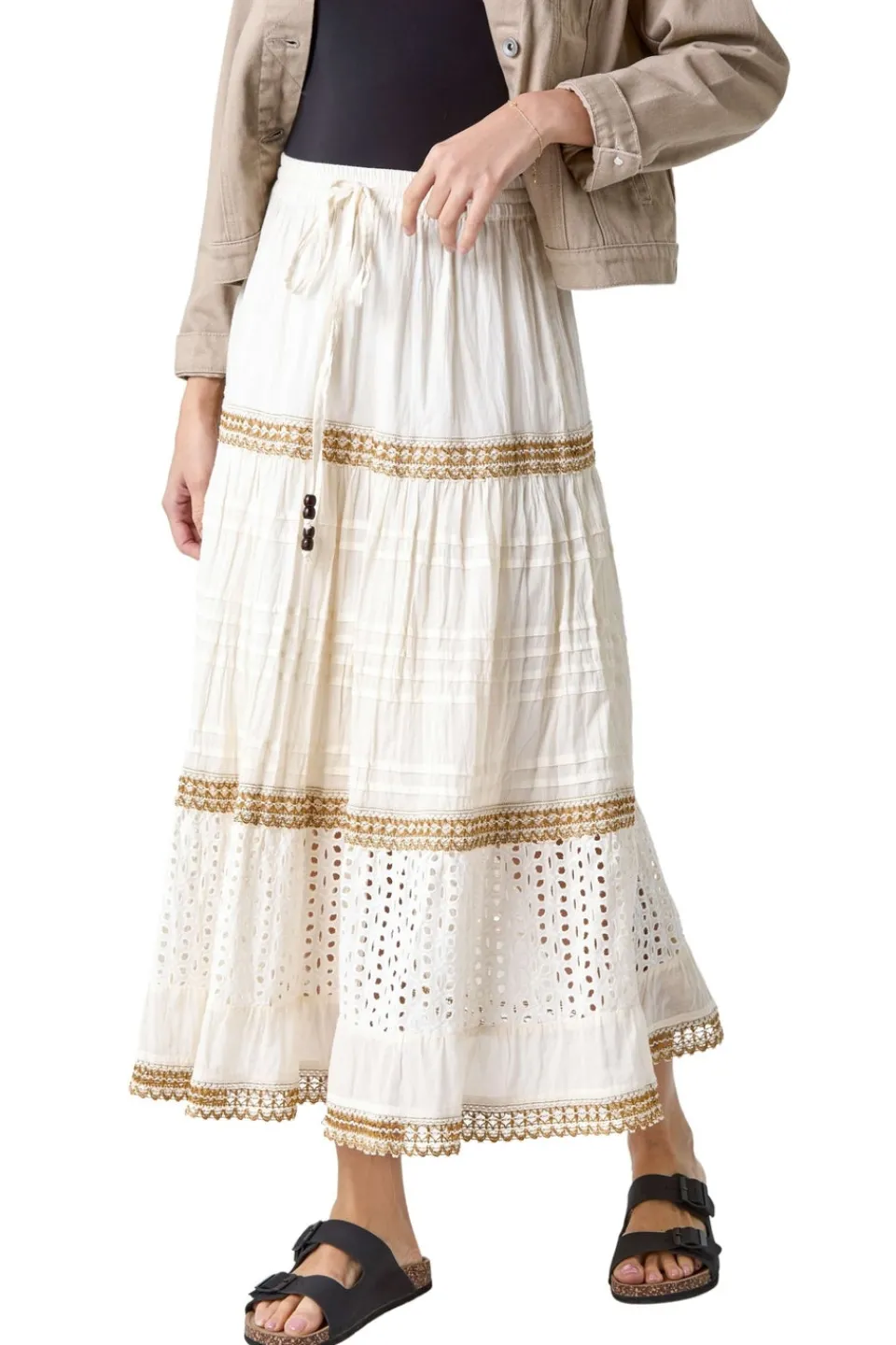 Skirts>Roman Ivory Broderie Cotton Tiered Maxi Skirt