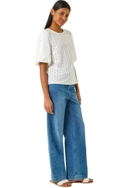 T-Shirts>Roman Ivory Broderie Puff Sleeve Top