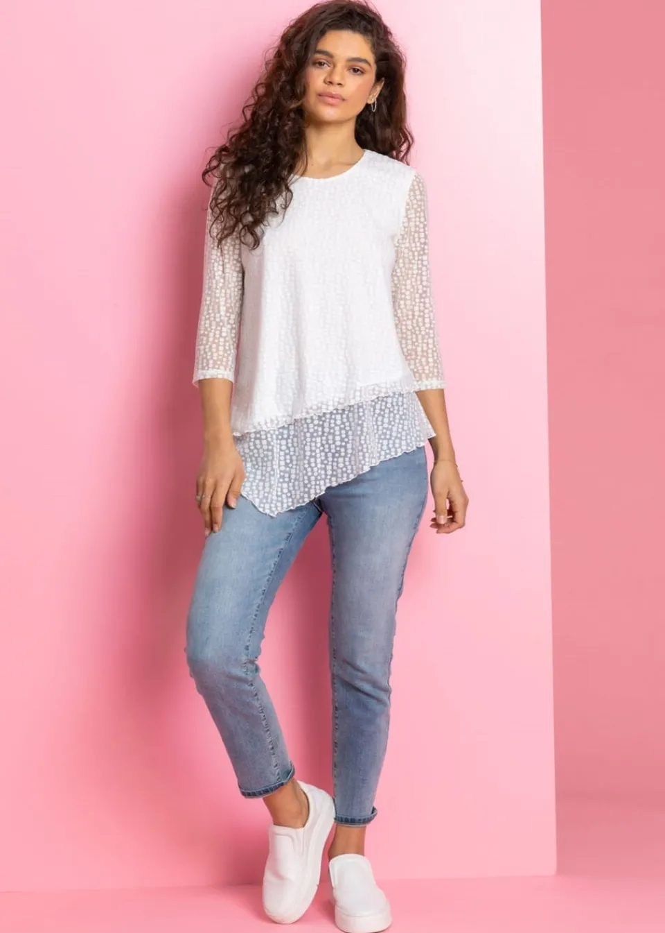 T-Shirts>Roman Ivory Burnout Print Asymmetric Stretch Top