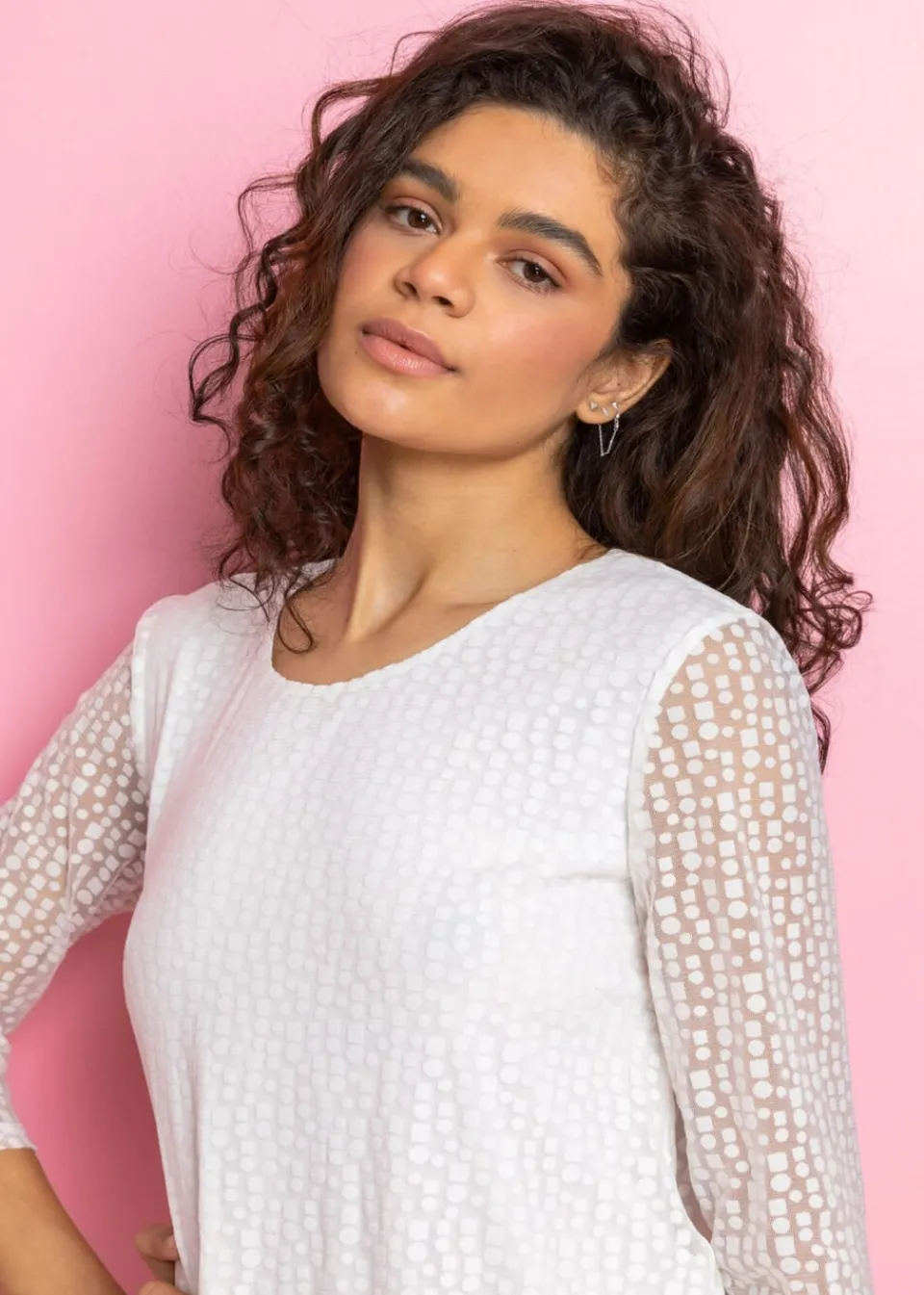 T-Shirts>Roman Ivory Burnout Print Asymmetric Stretch Top