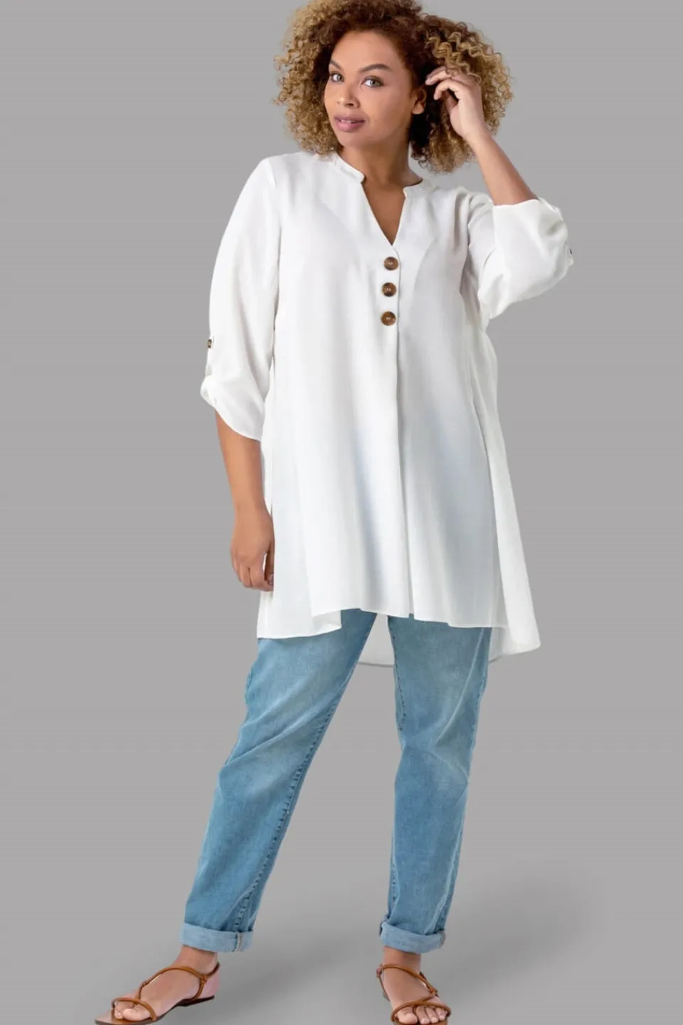 Tops>Roman Ivory Button Detail Tunic Top