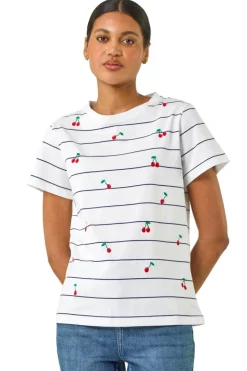 T-Shirts>Roman Ivory Cherry Embroidered Stripe T Shirt