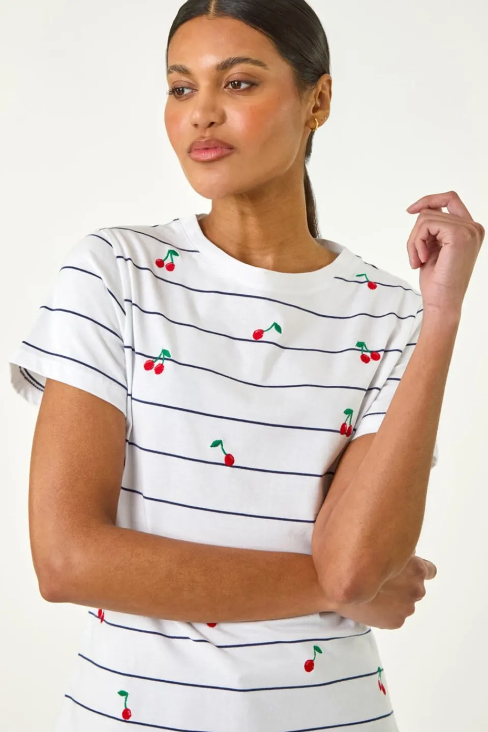 T-Shirts>Roman Ivory Cherry Embroidered Stripe T Shirt