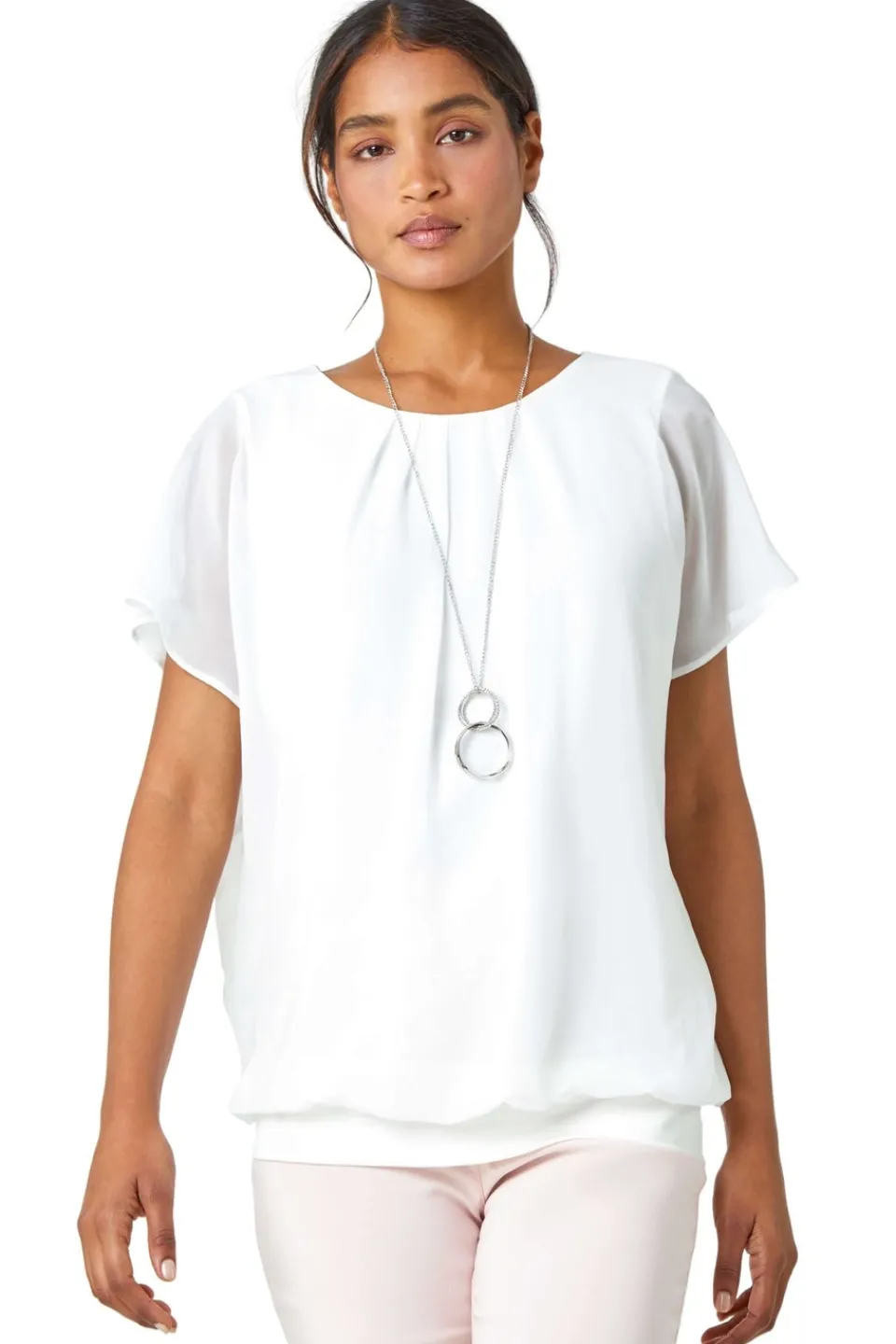 T-Shirts>Roman Chiffon Jersey Chiffon Blouson Top with Necklace Ivory
